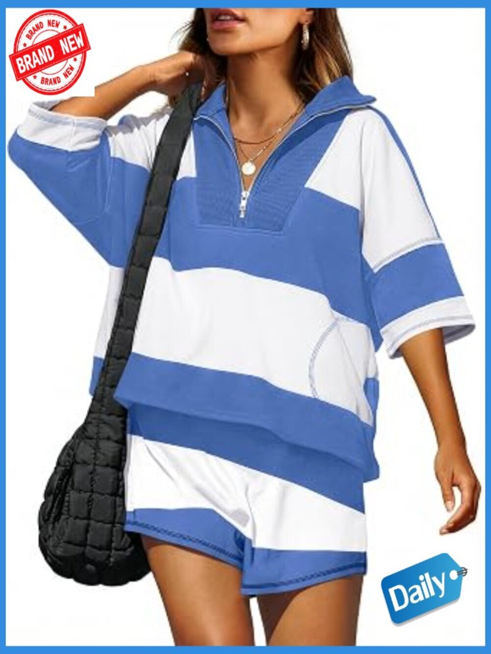 Striped 2 Piece Short Set Oversized Half Zip Lounge Matching Sweat Set